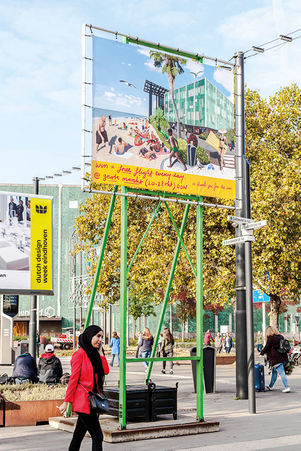 "A banner announcing the installation 'Thank you for the Sun,' visible during the Dutch Design Week in Eindhoven."