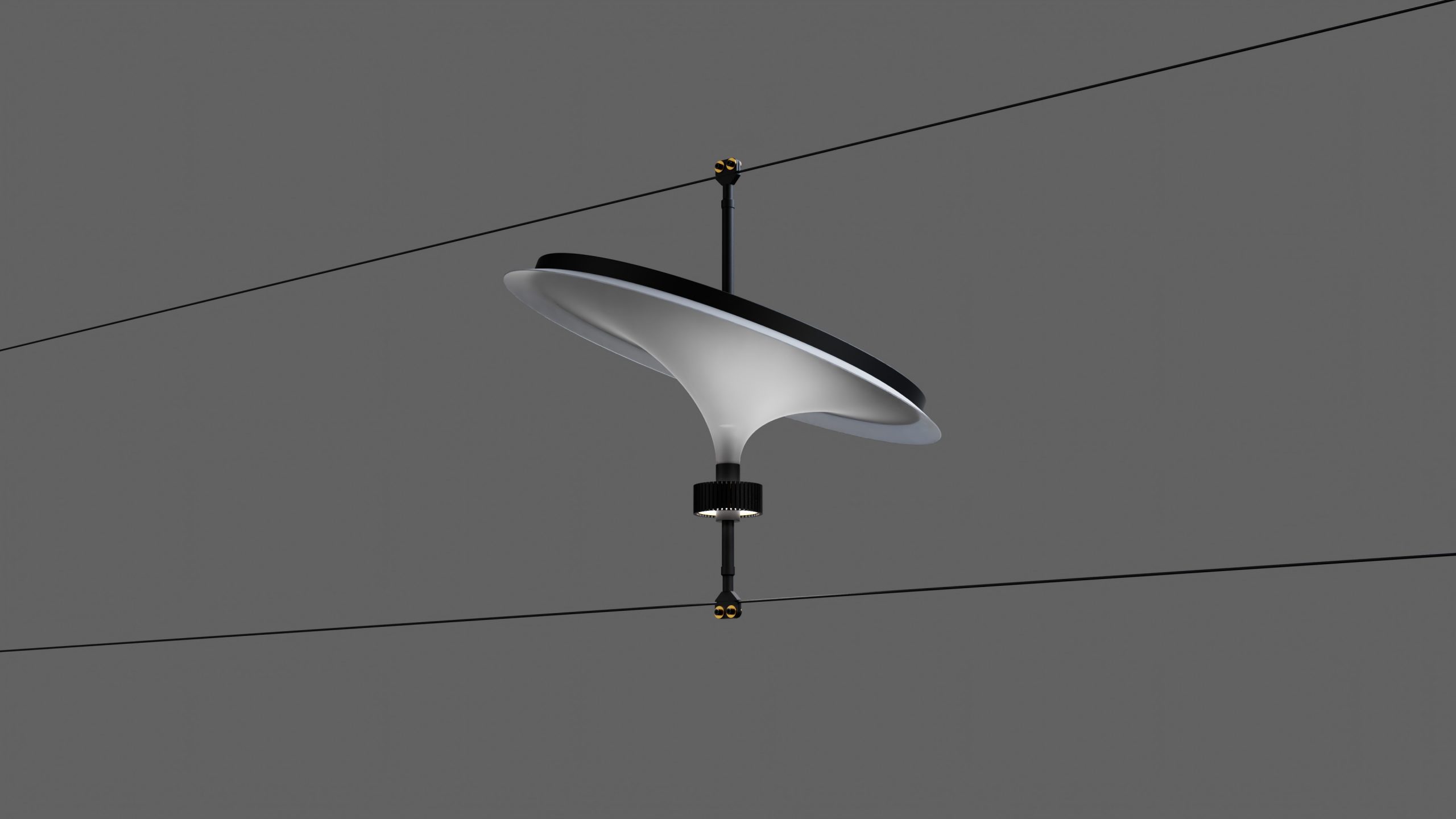 Illuminated Sunseeker black and white Render where its suspended between to steel cables.