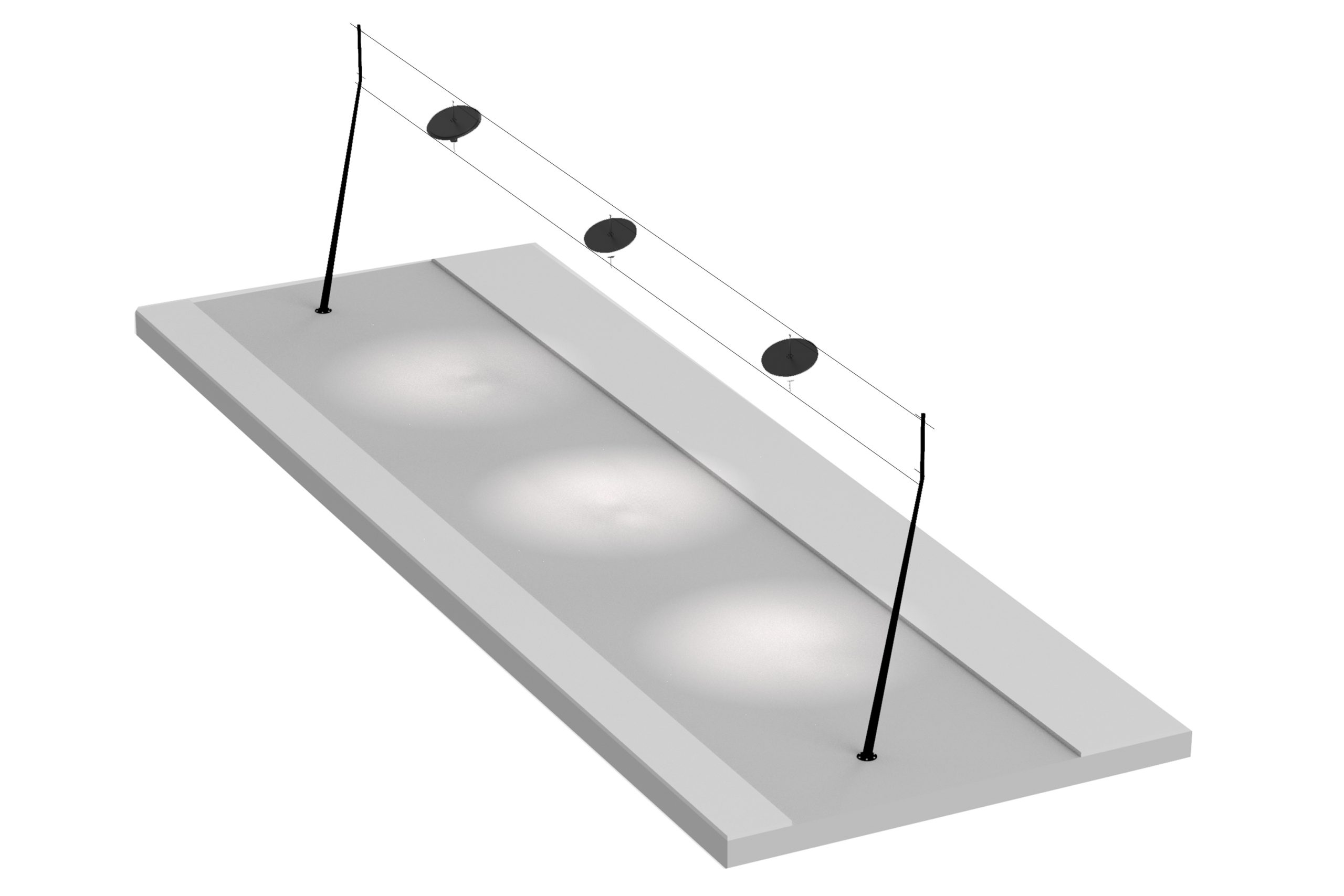 Render of a linear array of 3 sunseekers suspended between two poles