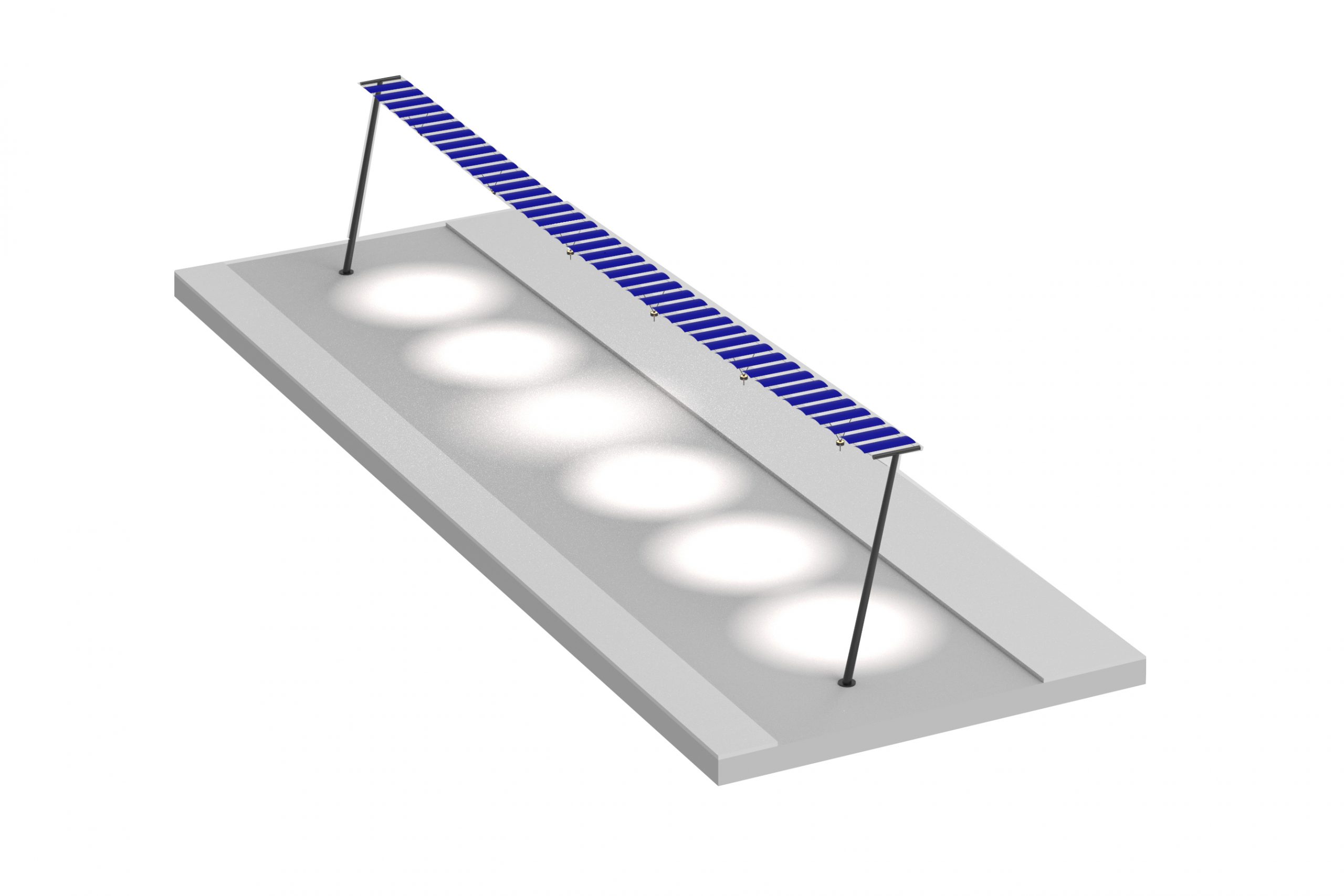 Render of an array of 6 Pendulum light elements underneath a full row of solar panels.