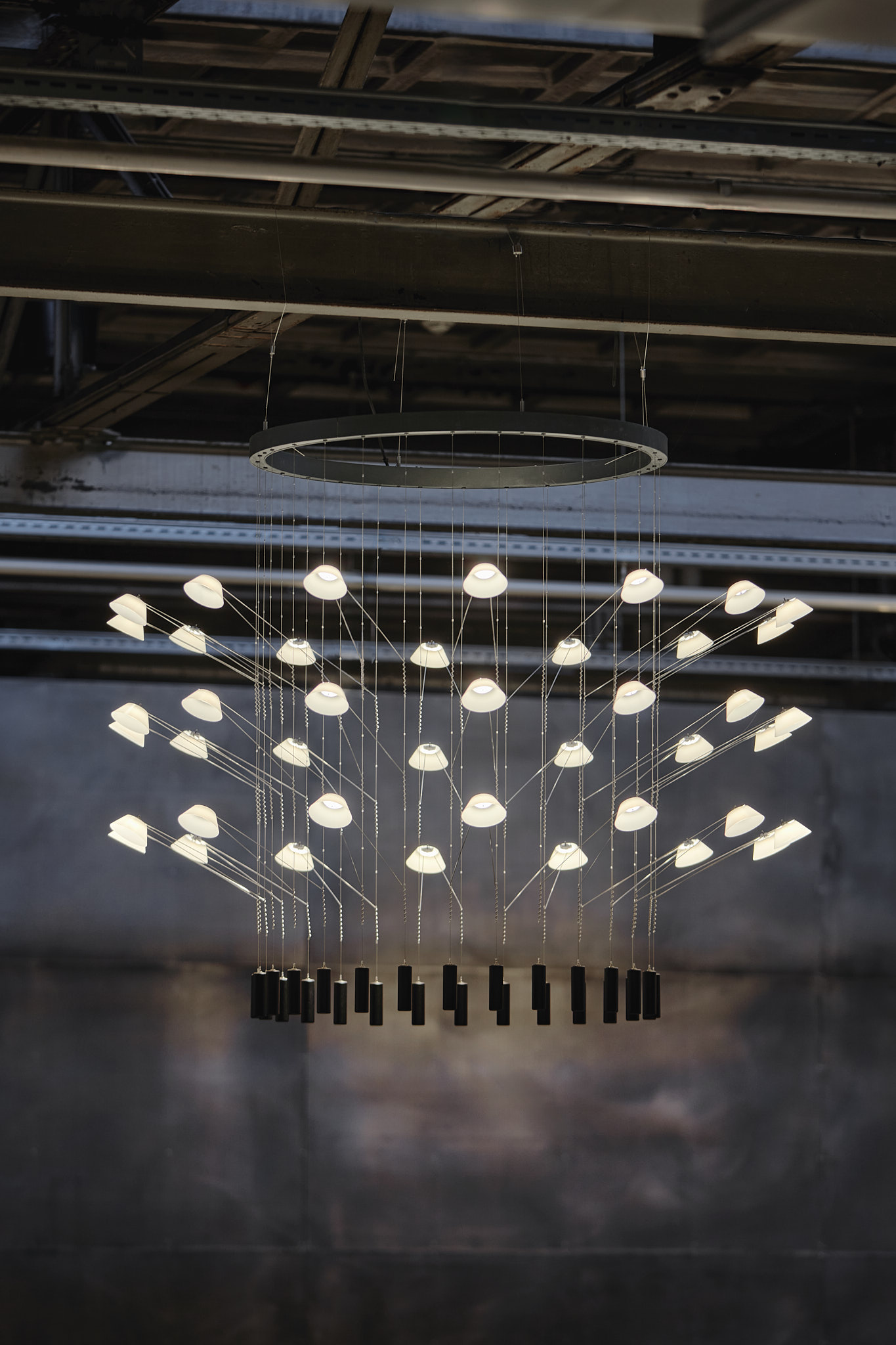 Flexible suspension lamp system. Multi-line chandelier, to which several led lights are attached.