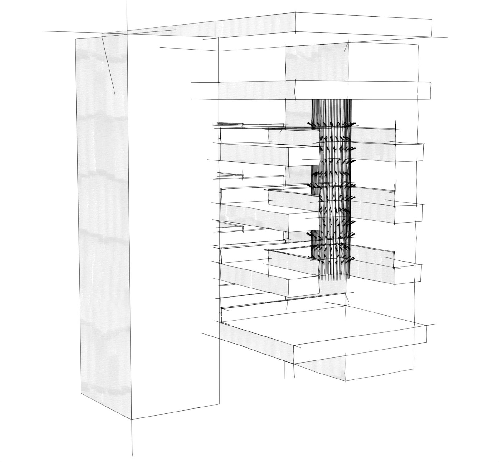 Sketch Liiu Chandelier in the void at the VDL Head Office in Eindhoven.